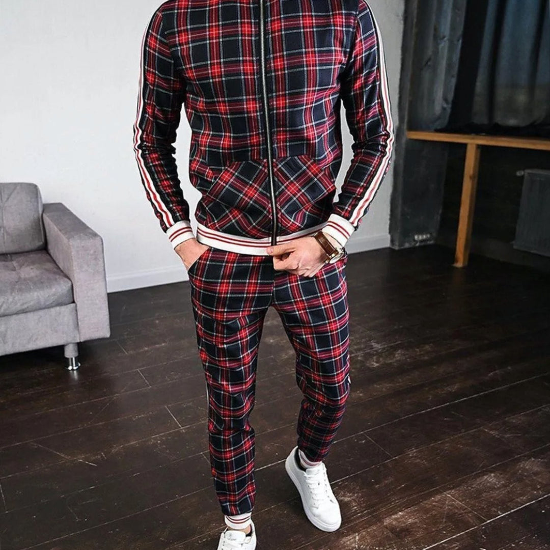 Men's Lightweight Plaid Zip-Up Tracksuit with Side Stripes