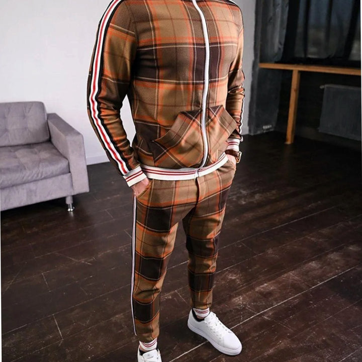 Men's Lightweight Plaid Zip-Up Tracksuit with Side Stripes