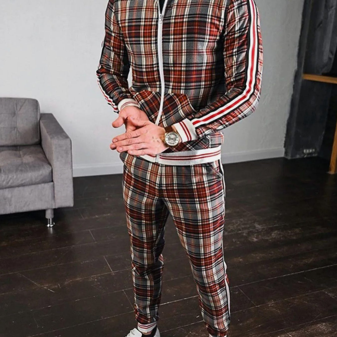 Men's Lightweight Plaid Zip-Up Tracksuit with Side Stripes