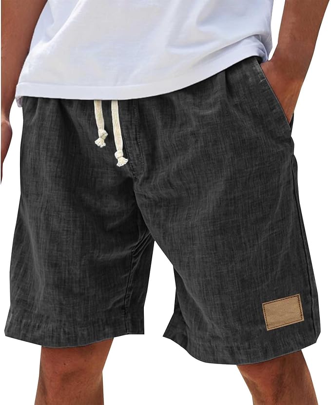 Men's Linen-Look Slub Drawstring Shorts with Label Patch