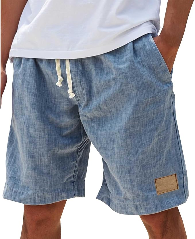 Men's Linen-Look Slub Drawstring Shorts with Label Patch