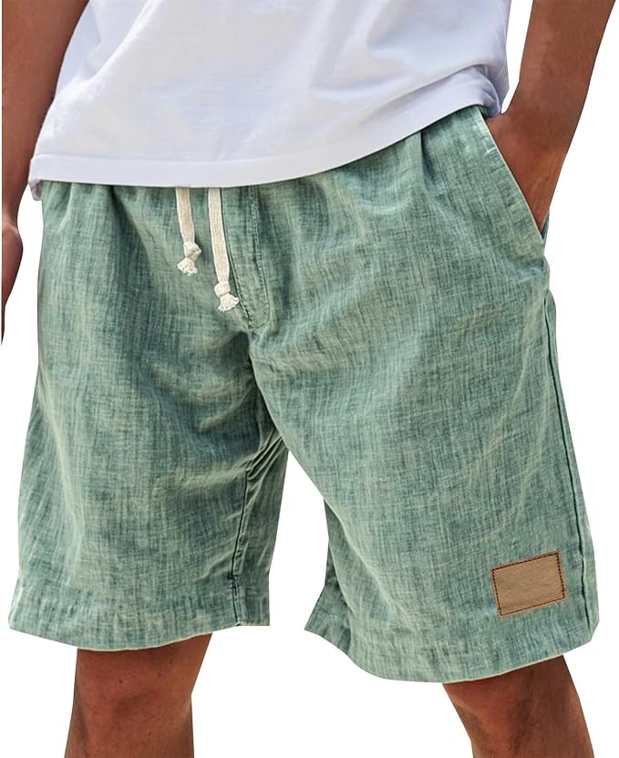 Men's Linen-Look Slub Drawstring Shorts with Label Patch