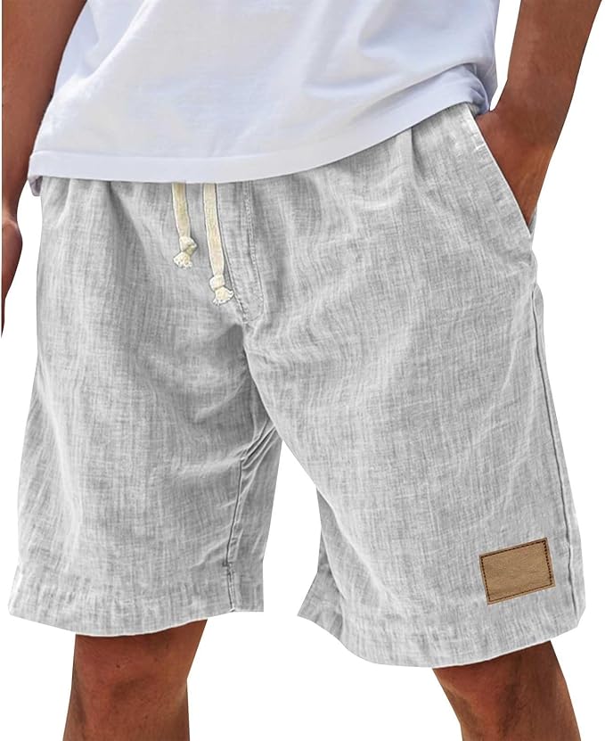 Men's Linen-Look Slub Drawstring Shorts with Label Patch