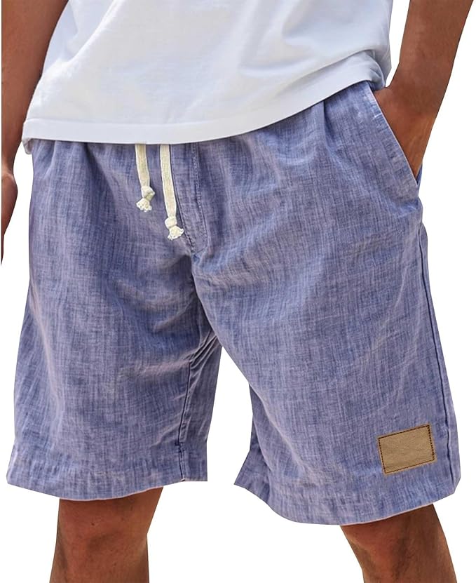 Men's Linen-Look Slub Drawstring Shorts with Label Patch
