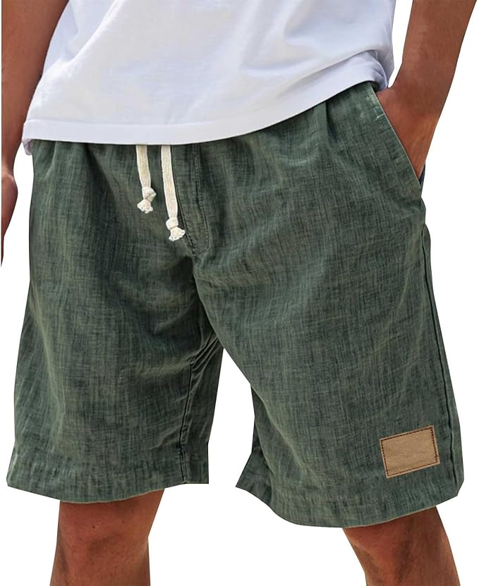 Men's Linen-Look Slub Drawstring Shorts with Label Patch