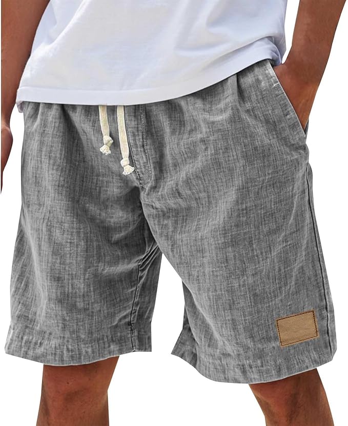 Men's Linen-Look Slub Drawstring Shorts with Label Patch