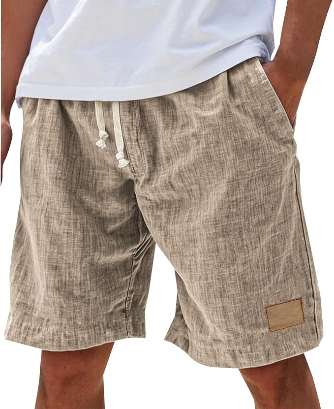 Men's Linen-Look Slub Drawstring Shorts with Label Patch