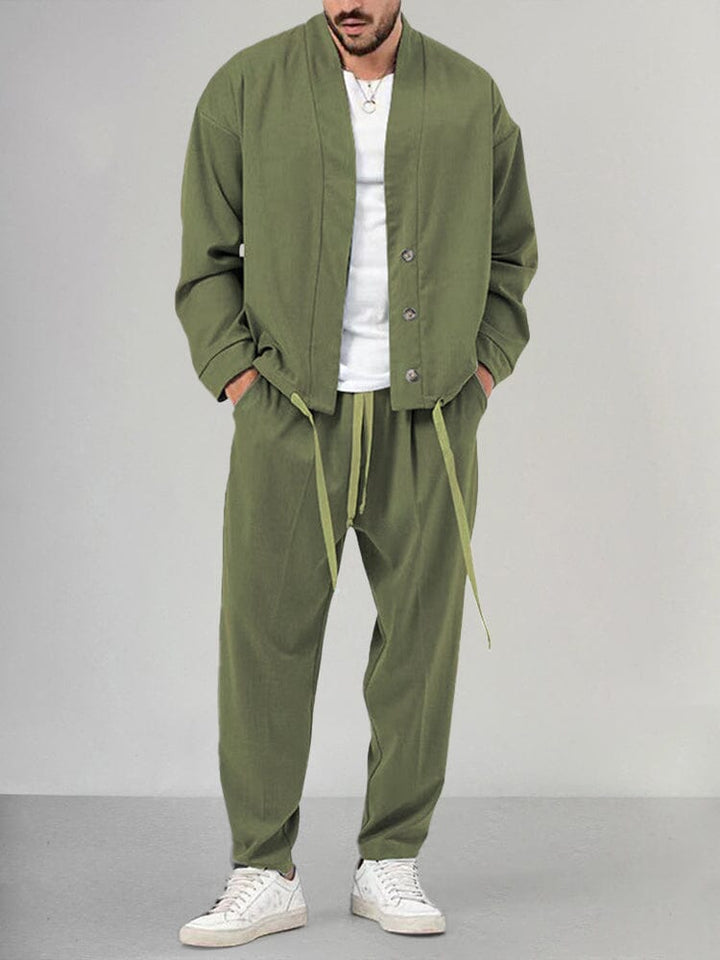 Men's Linen-Look Kimono Jacket and Drawstring Pants Set