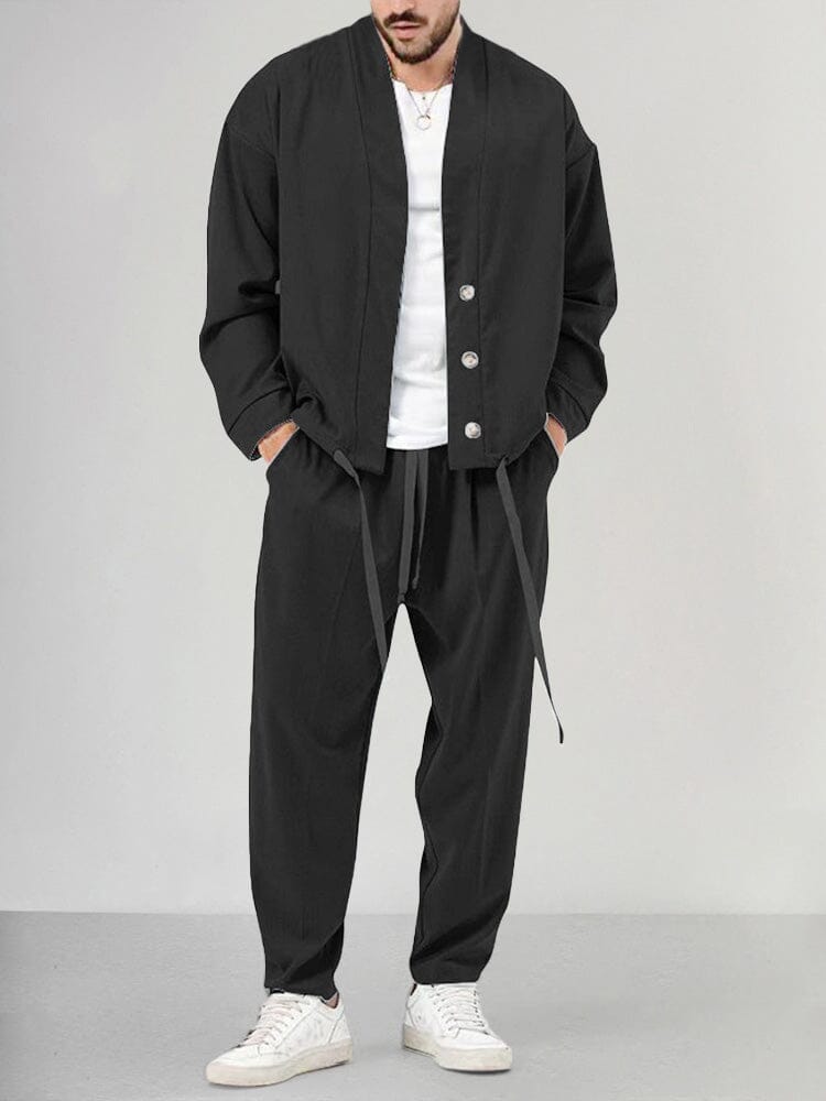 Men's Linen-Look Kimono Jacket and Drawstring Pants Set