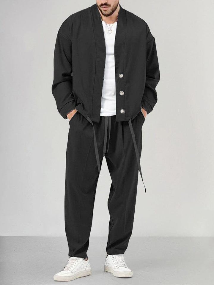 Men's Linen-Look Kimono Jacket and Drawstring Pants Set