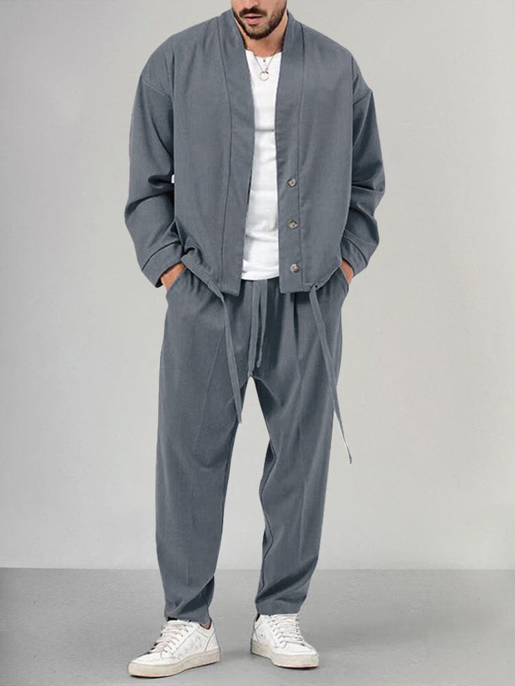 Men's Linen-Look Kimono Jacket and Drawstring Pants Set