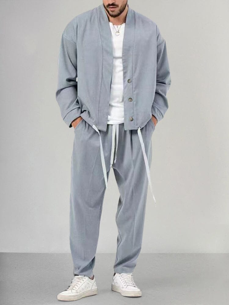 Men's Linen-Look Kimono Jacket and Drawstring Pants Set