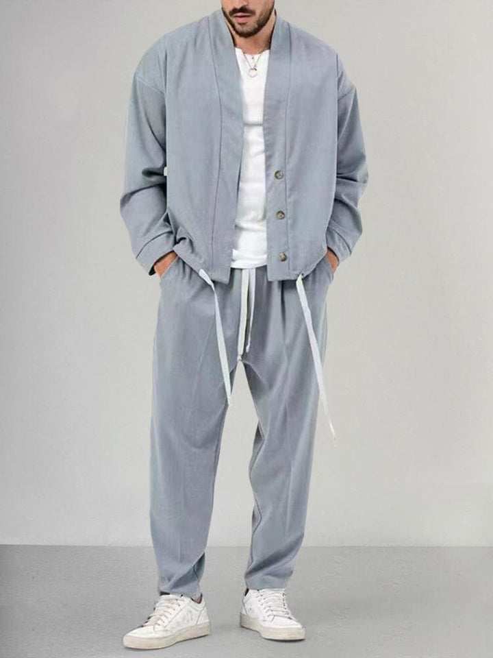 Men's Linen-Look Kimono Jacket and Drawstring Pants Set