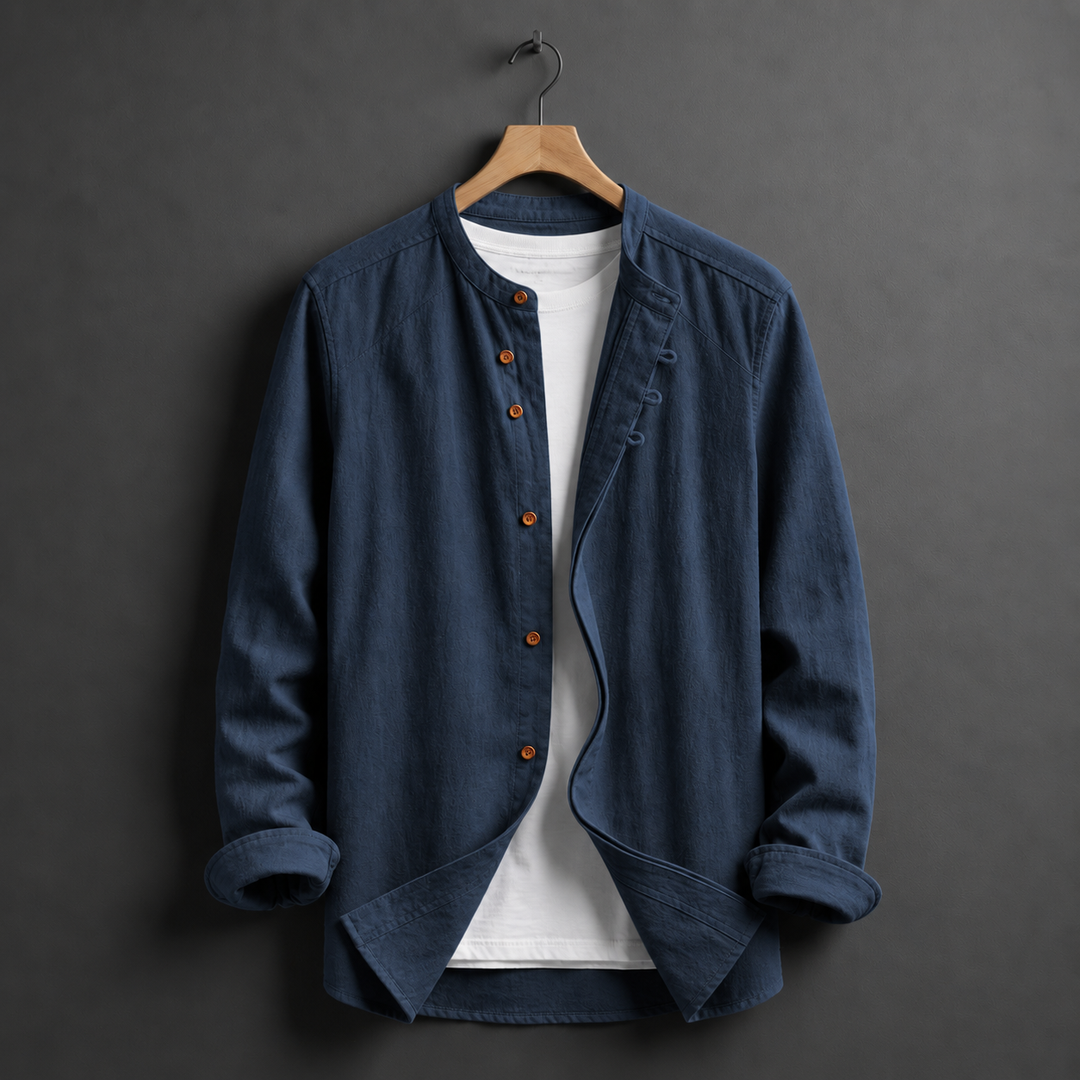 Men's Lightweight Mandarin Collar Shirt with Rolled Sleeves
