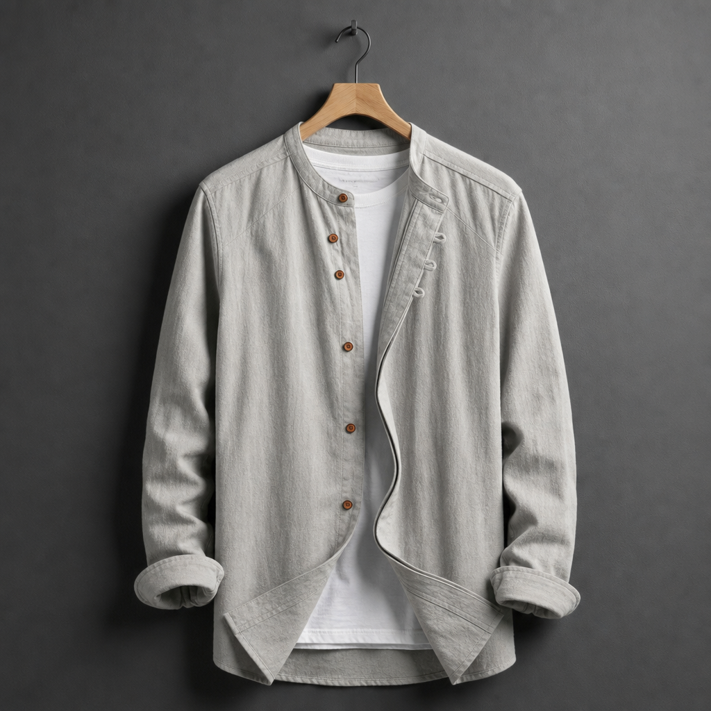 Men's Lightweight Mandarin Collar Shirt with Rolled Sleeves