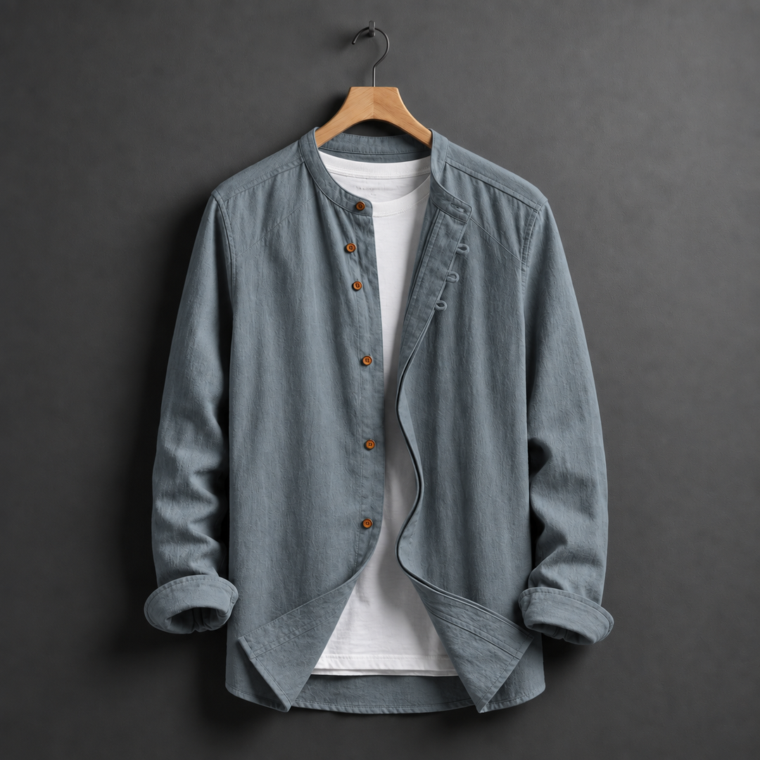 Men's Lightweight Mandarin Collar Shirt with Rolled Sleeves
