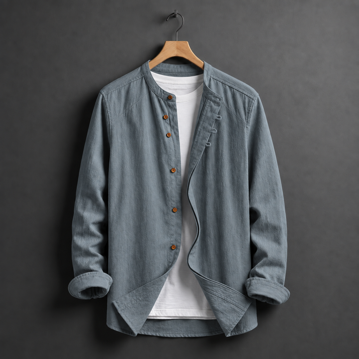 Men's Lightweight Mandarin Collar Shirt with Rolled Sleeves