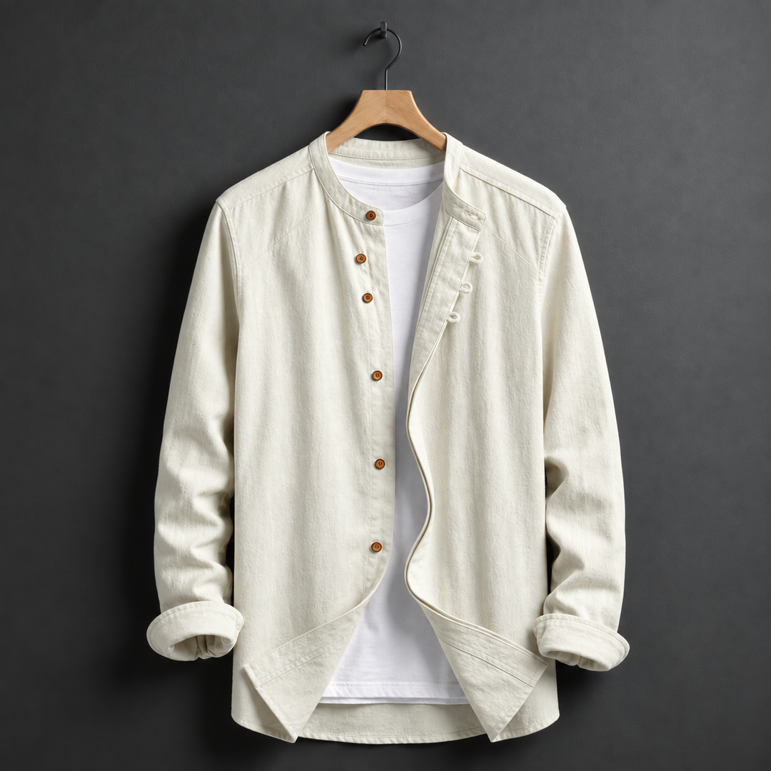 Men's Lightweight Mandarin Collar Shirt with Rolled Sleeves