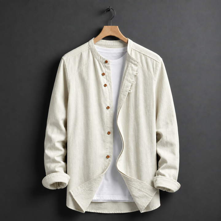 Men's Lightweight Mandarin Collar Shirt with Rolled Sleeves