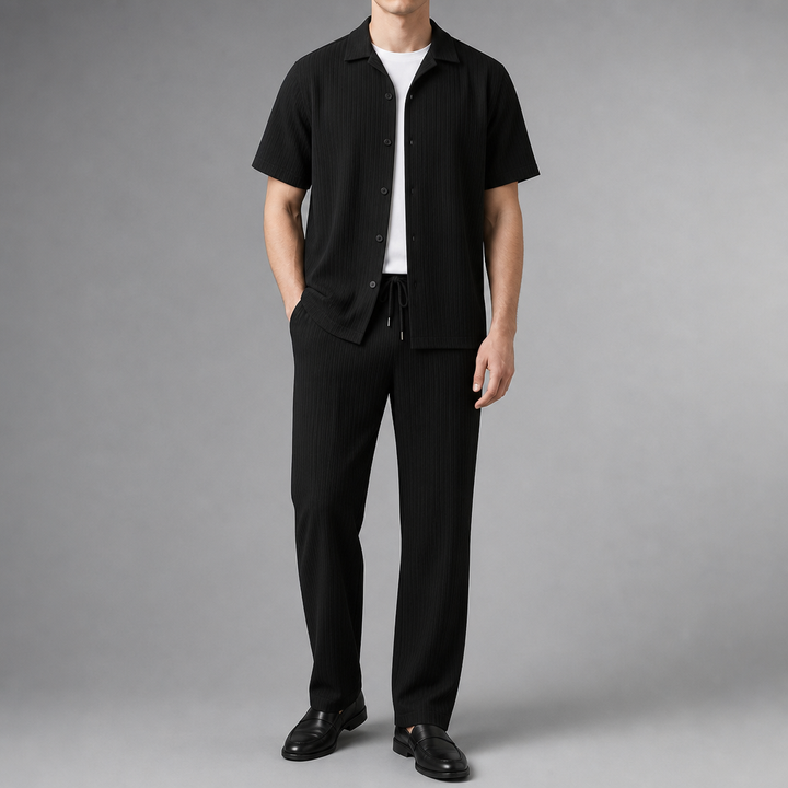 Men's Summer Ribbed Short Sleeve Shirt and Pants Set