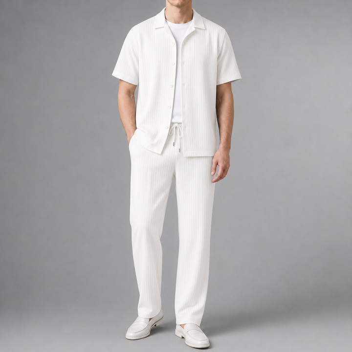 Men's Summer Ribbed Short Sleeve Shirt and Pants Set