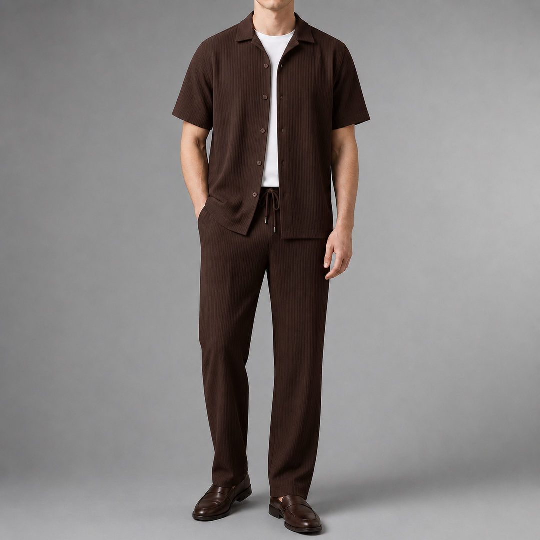 Men's Summer Ribbed Short Sleeve Shirt and Pants Set