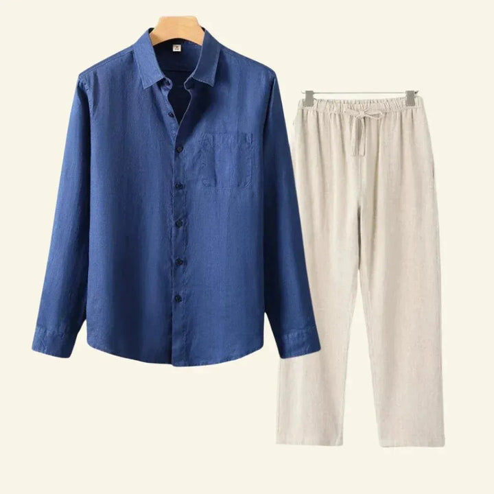 Men's Linen-Look Set Long Sleeve Shirt with Beige Drawstring Pants