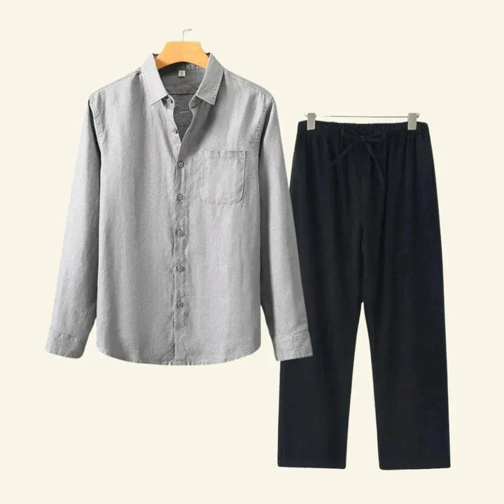 Men's Linen-Look Set Long Sleeve Shirt with Beige Drawstring Pants