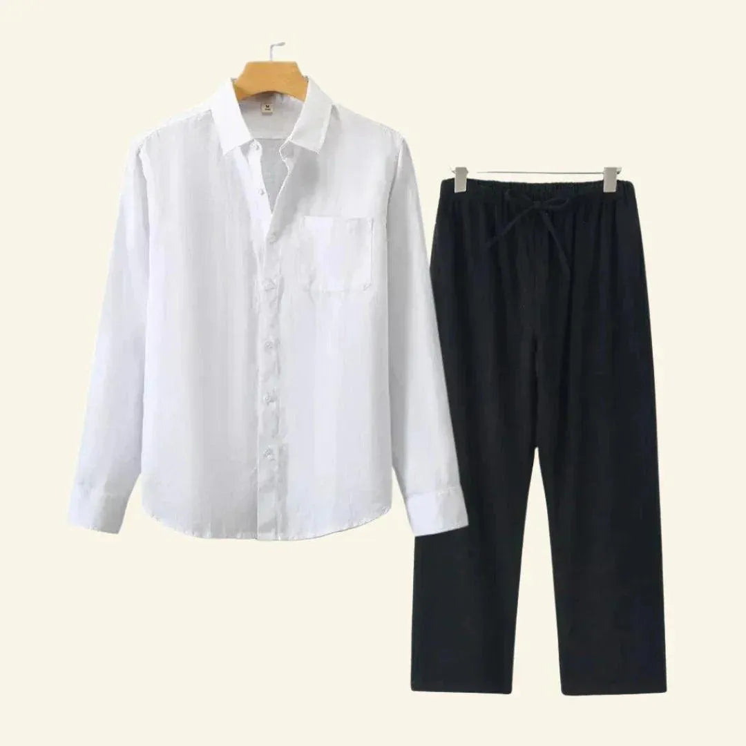 Men's Linen-Look Set Long Sleeve Shirt with Beige Drawstring Pants