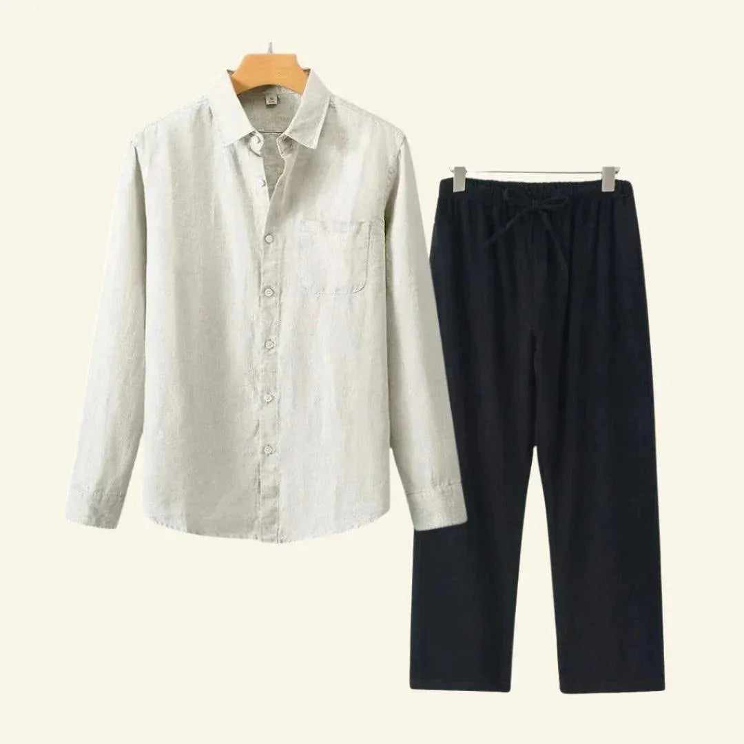 Men's Linen-Look Set Long Sleeve Shirt with Beige Drawstring Pants