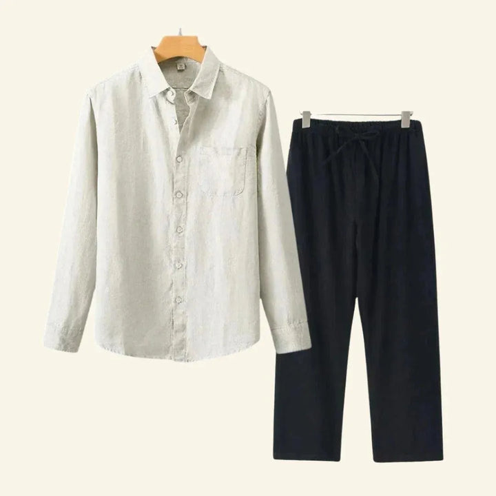 Men's Linen-Look Set Long Sleeve Shirt with Beige Drawstring Pants