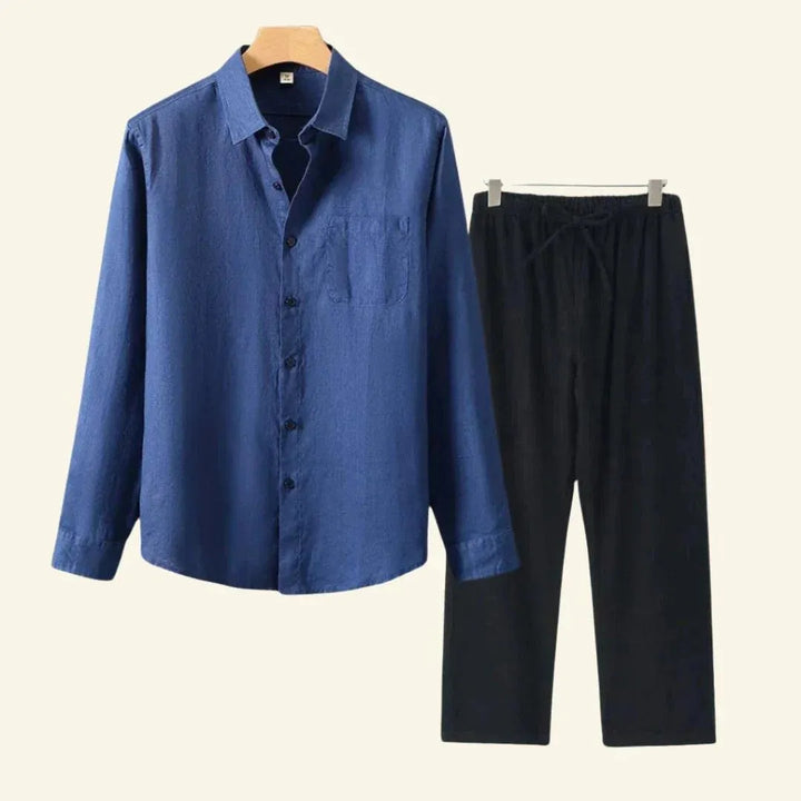Men's Linen-Look Set Long Sleeve Shirt with Beige Drawstring Pants