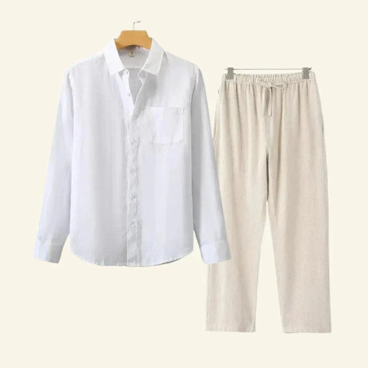Men's Linen-Look Set Long Sleeve Shirt with Beige Drawstring Pants