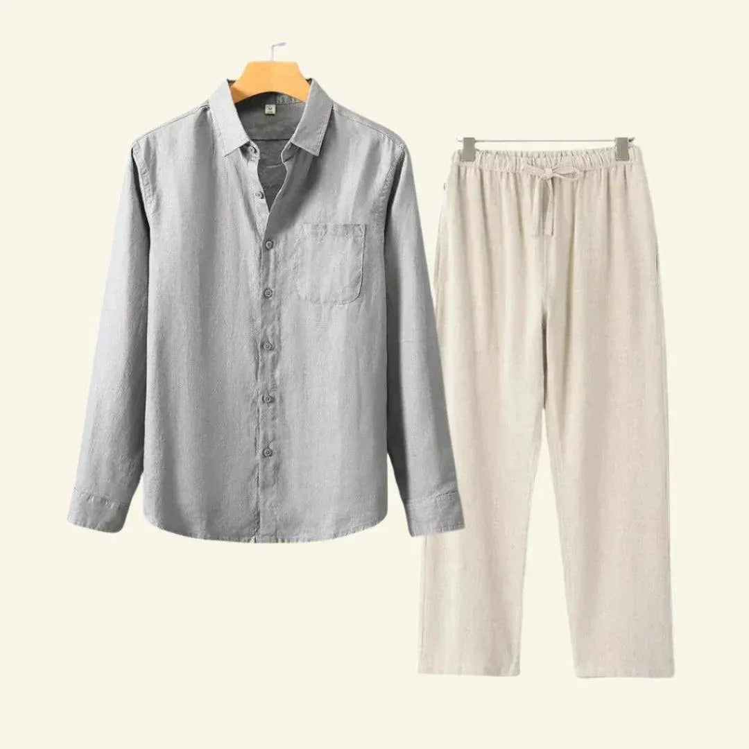 Men's Linen-Look Set Long Sleeve Shirt with Beige Drawstring Pants