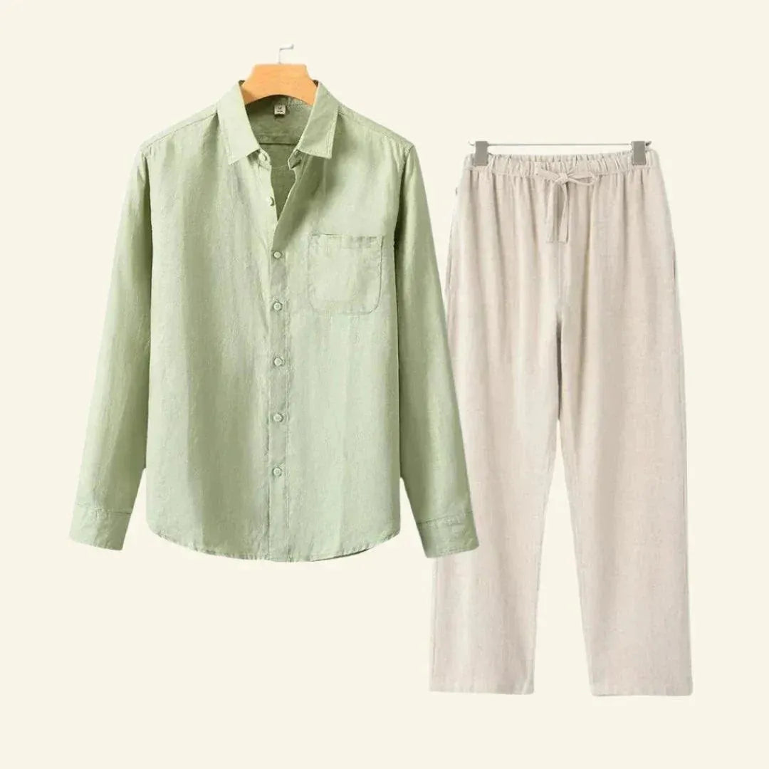 Men's Linen-Look Set Long Sleeve Shirt with Beige Drawstring Pants