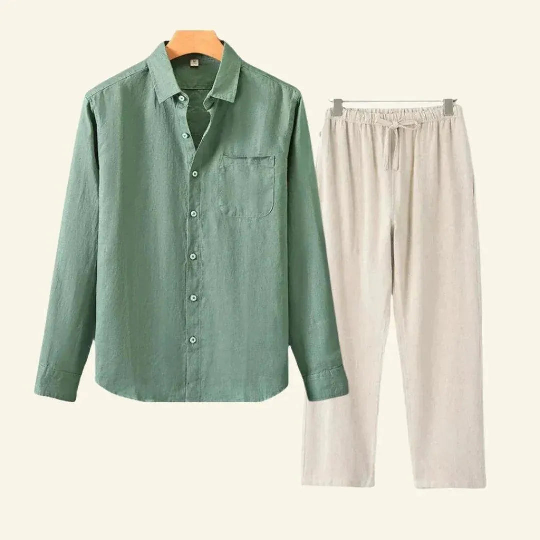Men's Linen-Look Set Long Sleeve Shirt with Beige Drawstring Pants