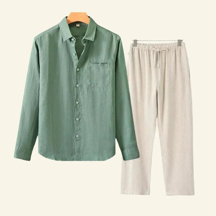 Men's Linen-Look Set Long Sleeve Shirt with Beige Drawstring Pants