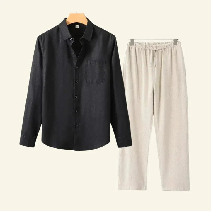 Men's Linen-Look Set Long Sleeve Shirt with Beige Drawstring Pants