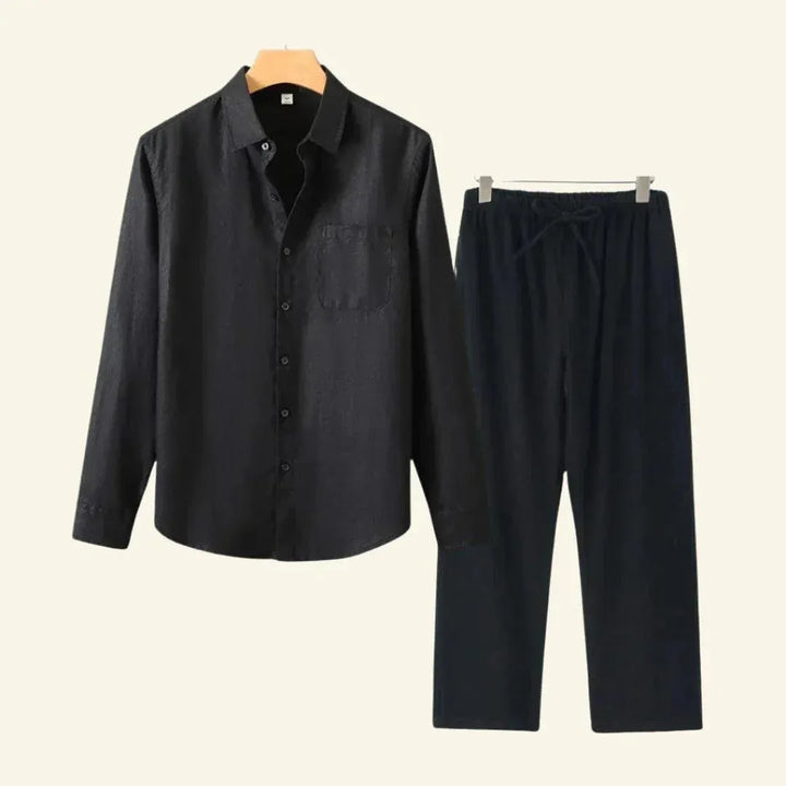 Men's Linen-Look Set Long Sleeve Shirt with Beige Drawstring Pants