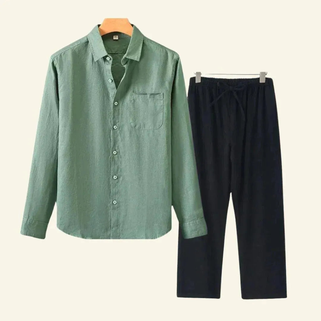 Men's Linen-Look Set Long Sleeve Shirt with Beige Drawstring Pants