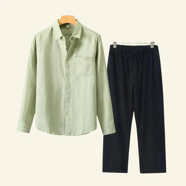 Men's Linen-Look Set Long Sleeve Shirt with Beige Drawstring Pants
