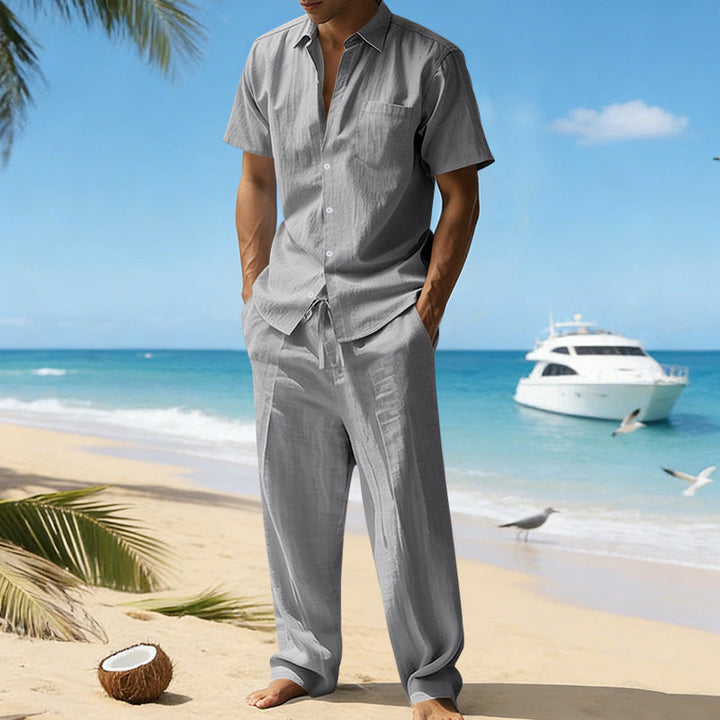 Men's Beach Linen-Look Set Short Sleeve Shirt and Drawstring Pants