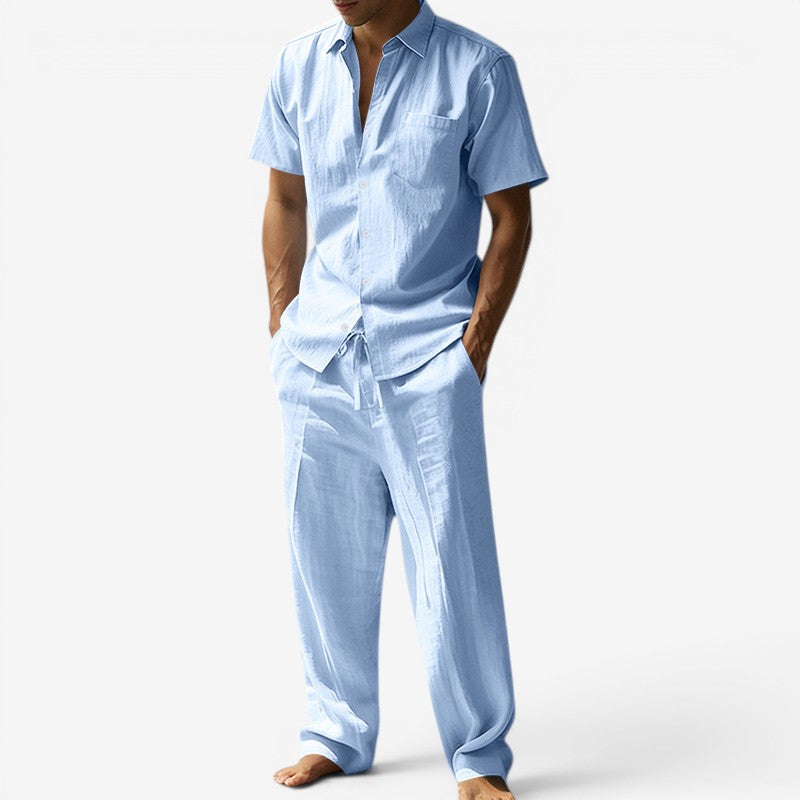 Men's Beach Linen-Look Set Short Sleeve Shirt and Drawstring Pants