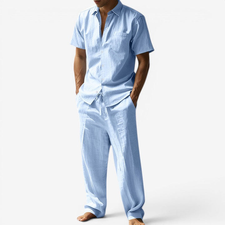 Men's Beach Linen-Look Set Short Sleeve Shirt and Drawstring Pants