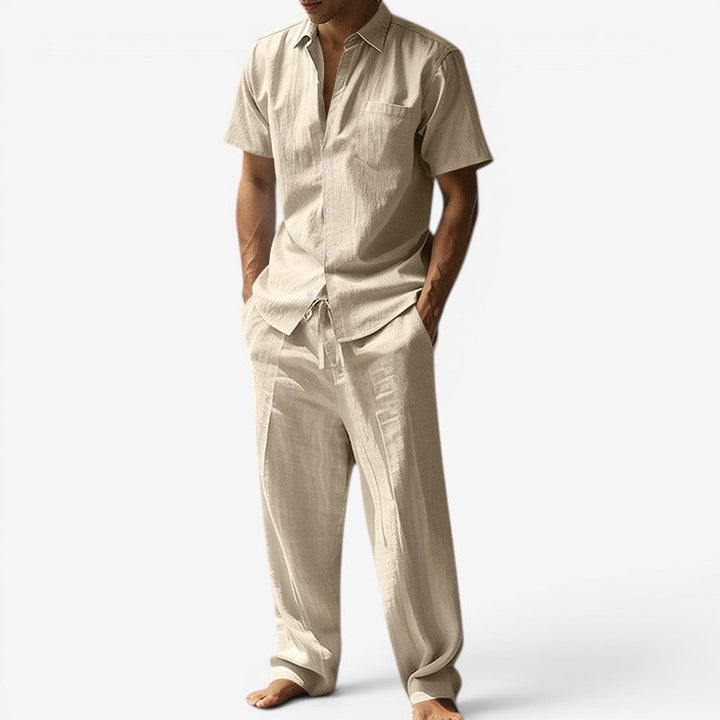 Men's Beach Linen-Look Set Short Sleeve Shirt and Drawstring Pants