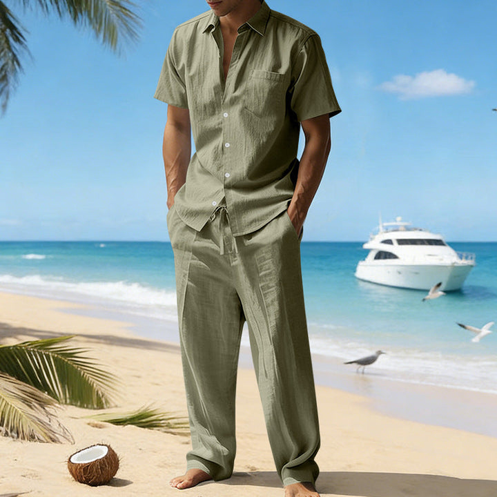 Men's Beach Linen-Look Set Short Sleeve Shirt and Drawstring Pants