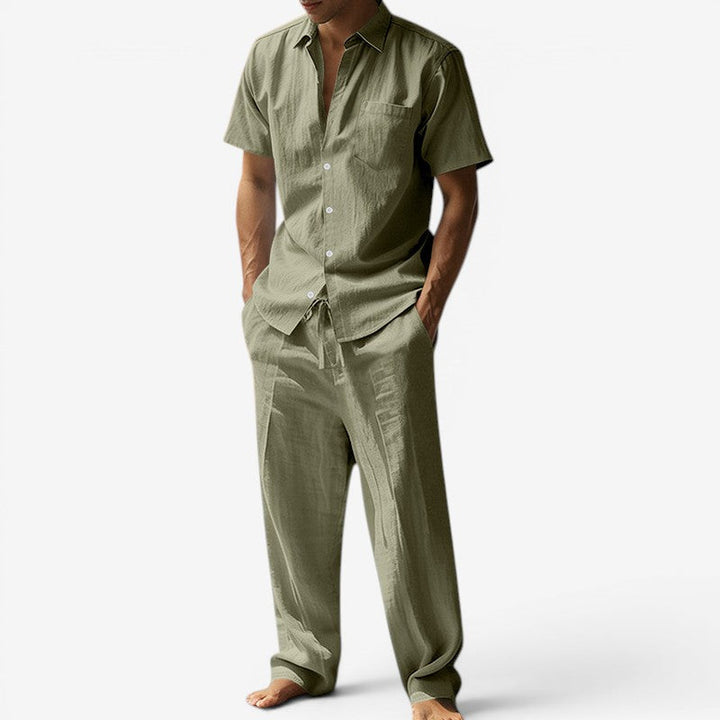 Men's Beach Linen-Look Set Short Sleeve Shirt and Drawstring Pants