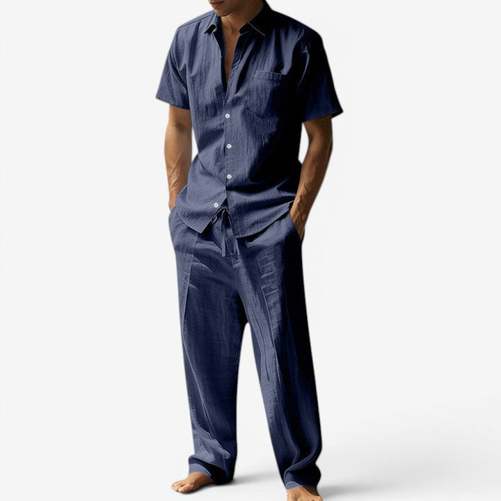 Men's Beach Linen-Look Set Short Sleeve Shirt and Drawstring Pants