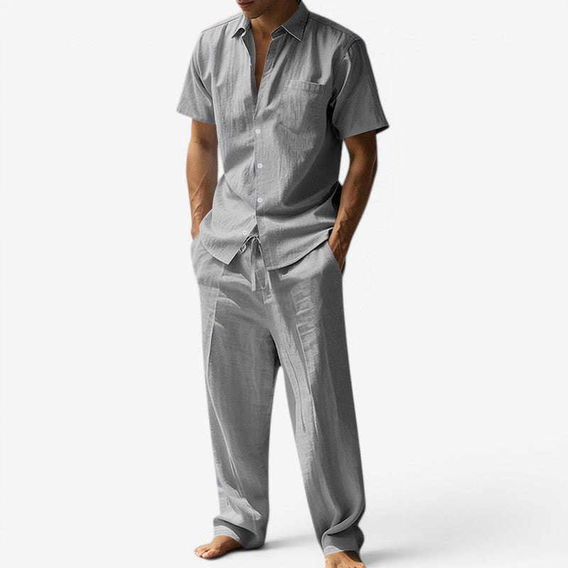 Men's Beach Linen-Look Set Short Sleeve Shirt and Drawstring Pants