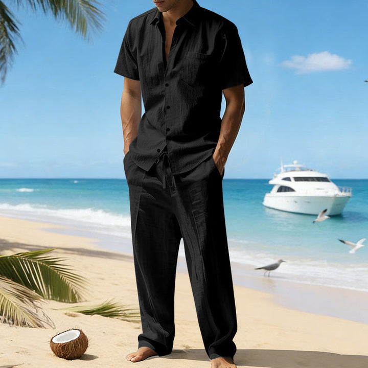 Men's Beach Linen-Look Set Short Sleeve Shirt and Drawstring Pants
